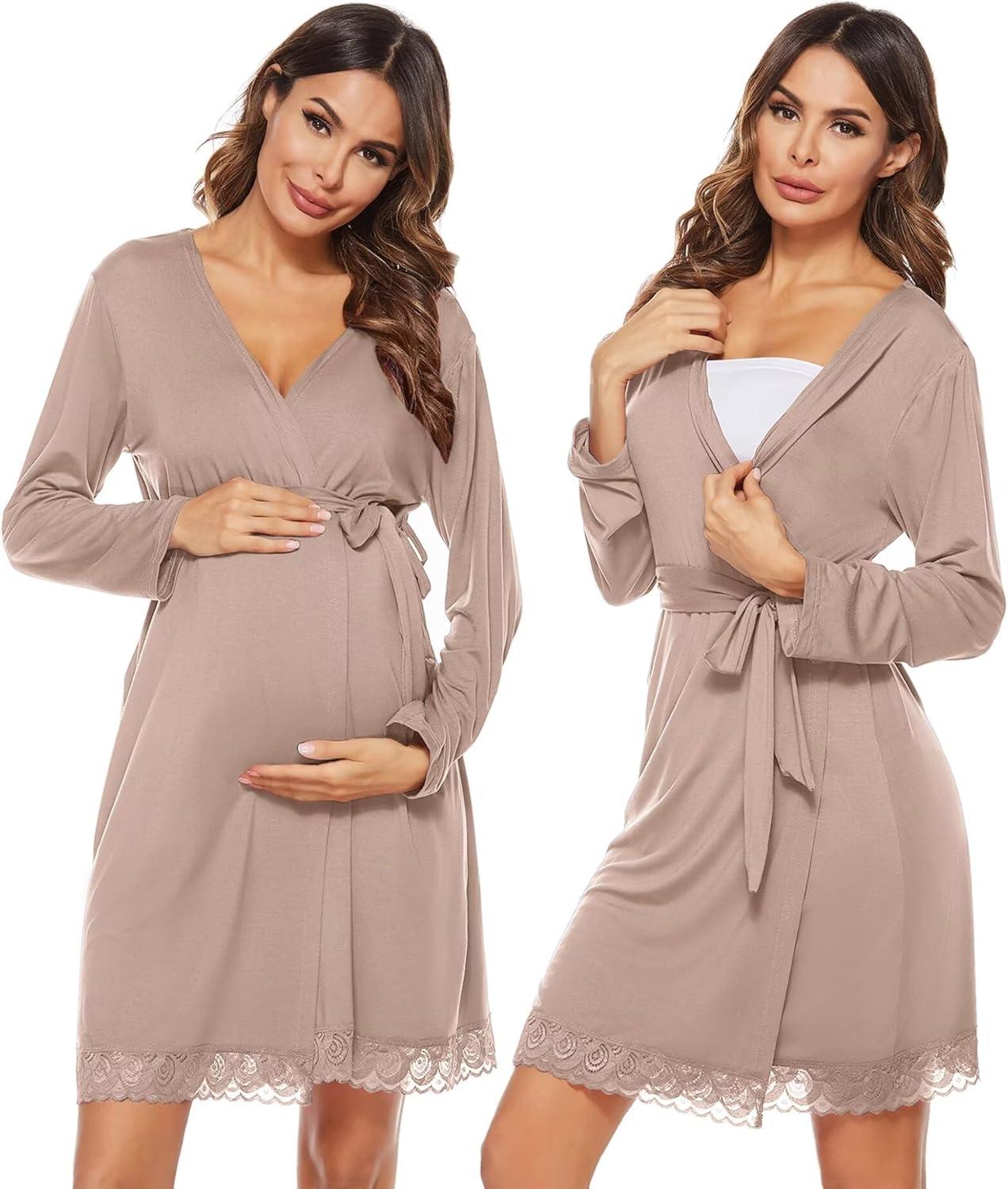 imageSWOMOG Womens Maternity Nursing Robe Pregnancy Breastfeeding Bathrobes 3 in 1 Labor Delivery NightgownsLong Sleevelight Brown