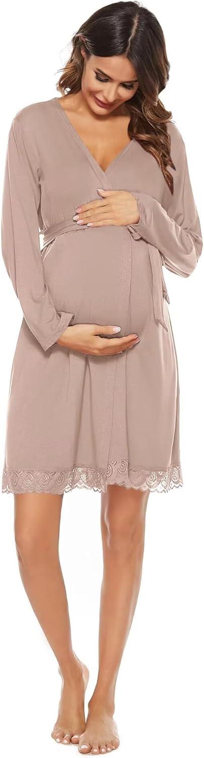 imageSWOMOG Womens Maternity Nursing Robe Pregnancy Breastfeeding Bathrobes 3 in 1 Labor Delivery NightgownsLong Sleevelight Brown