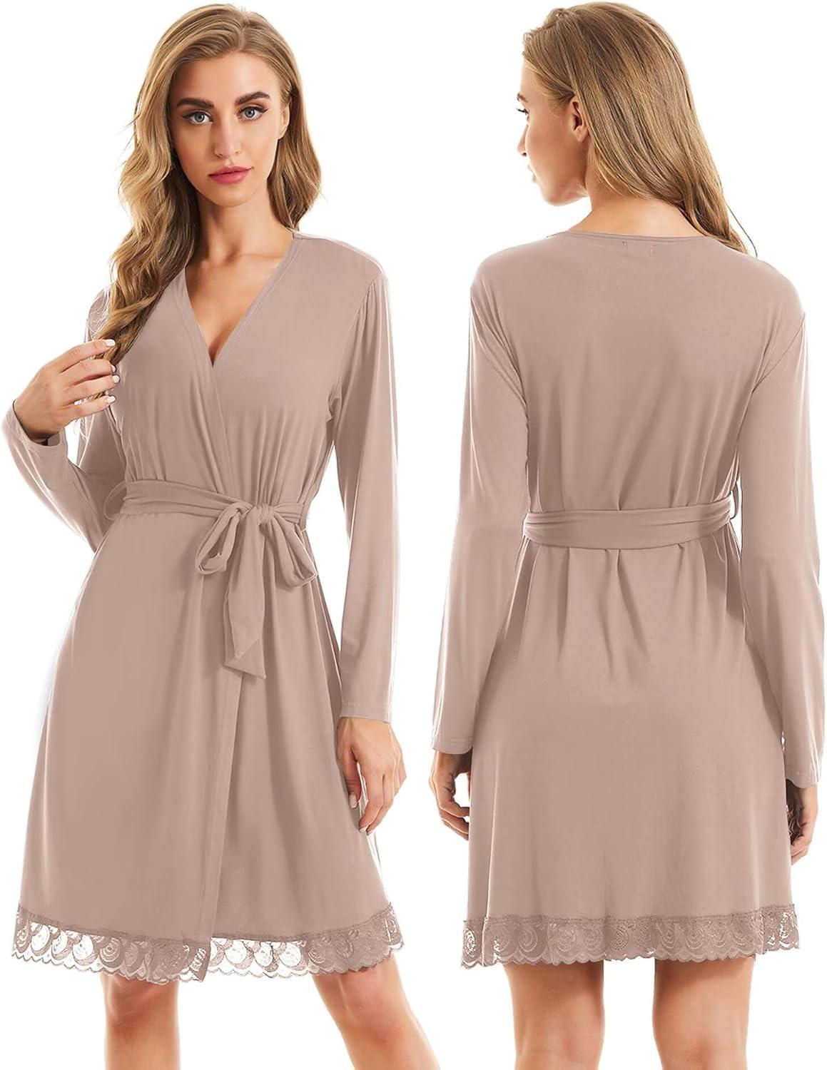 imageSWOMOG Womens Maternity Nursing Robe Pregnancy Breastfeeding Bathrobes 3 in 1 Labor Delivery NightgownsLong Sleevelight Brown