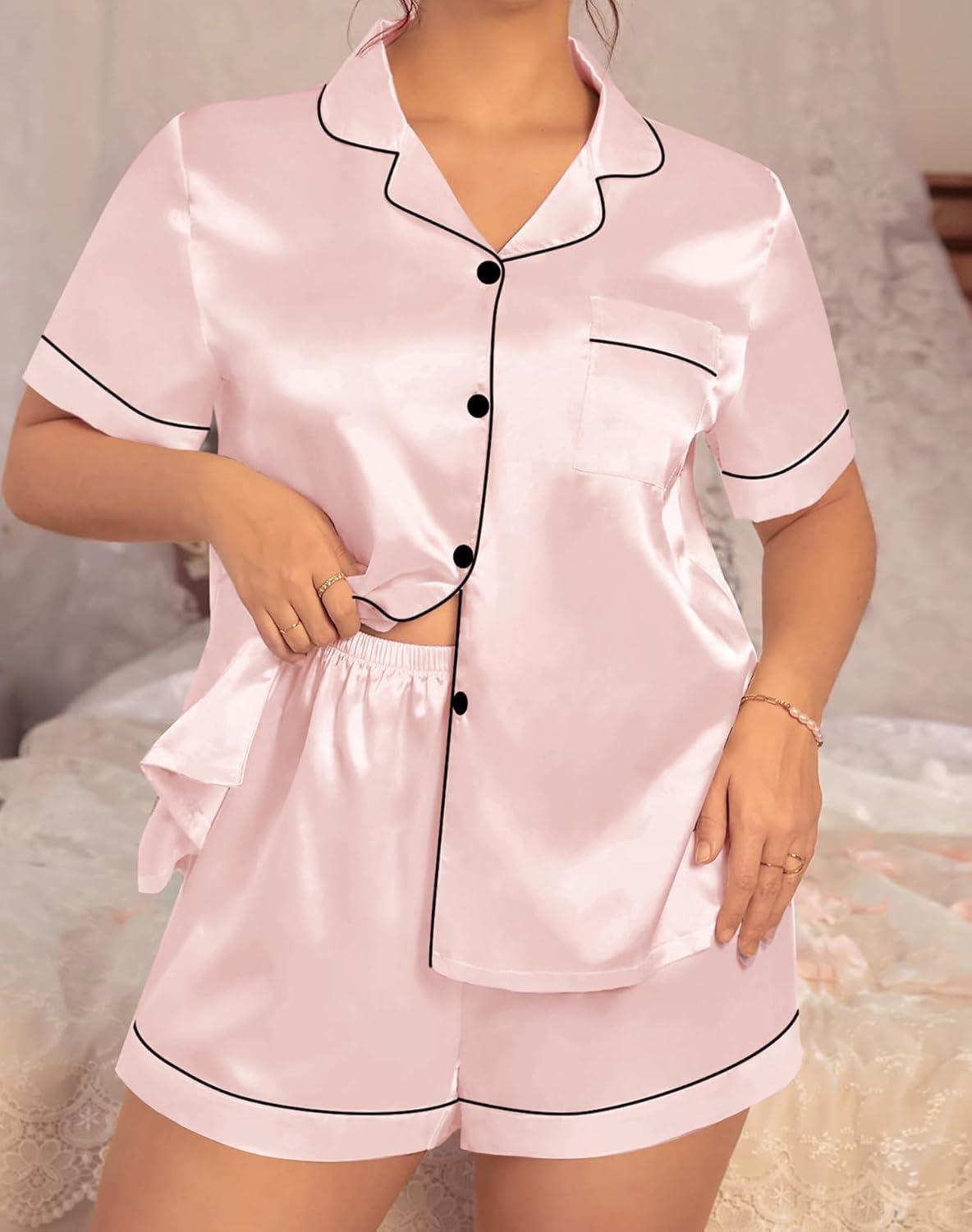imageSWOMOG Womens Plus Size Pajama Set Silk Satin Pajamas Button Down Loungewear Short Sleeve Pjs 2 piece Sleepwear 1628WBlush Pink