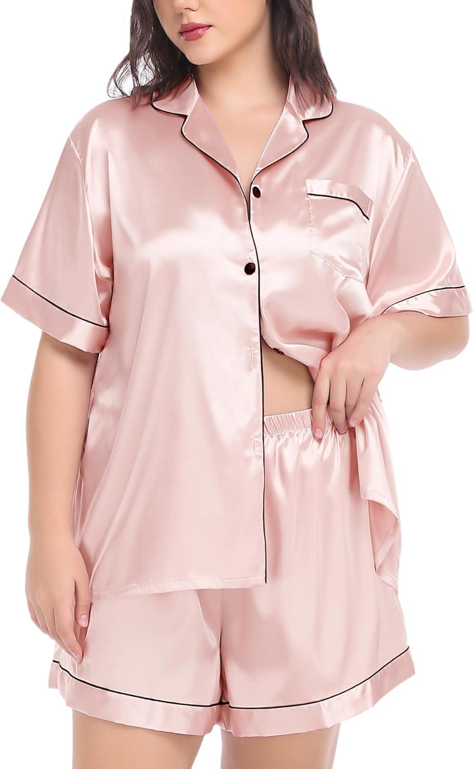imageSWOMOG Womens Plus Size Pajama Set Silk Satin Pajamas Button Down Loungewear Short Sleeve Pjs 2 piece Sleepwear 1628WBlush Pink