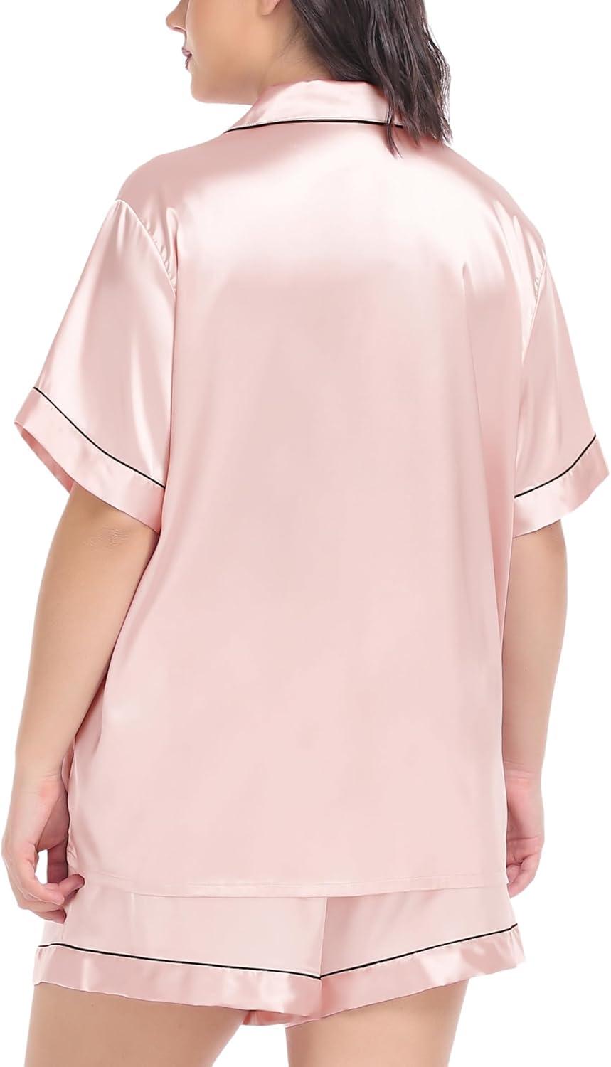imageSWOMOG Womens Plus Size Pajama Set Silk Satin Pajamas Button Down Loungewear Short Sleeve Pjs 2 piece Sleepwear 1628WBlush Pink
