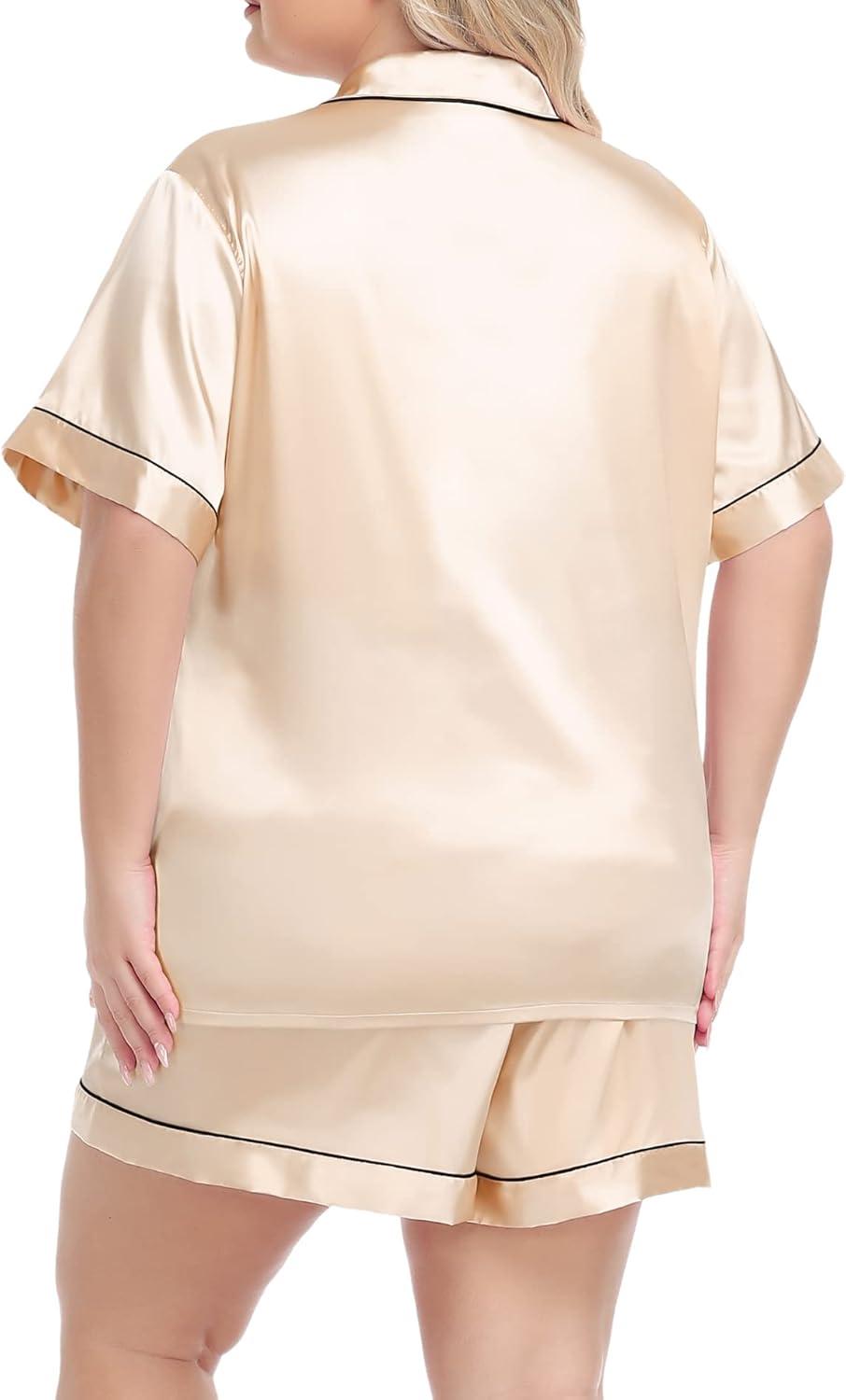 imageSWOMOG Womens Plus Size Pajama Set Silk Satin Pajamas Button Down Loungewear Short Sleeve Pjs 2 piece Sleepwear 1628WChampagne