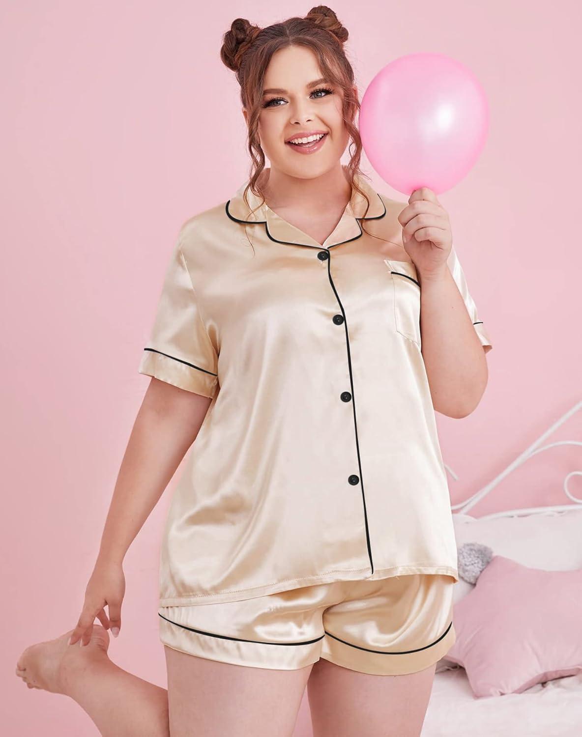 imageSWOMOG Womens Plus Size Pajama Set Silk Satin Pajamas Button Down Loungewear Short Sleeve Pjs 2 piece Sleepwear 1628WChampagne