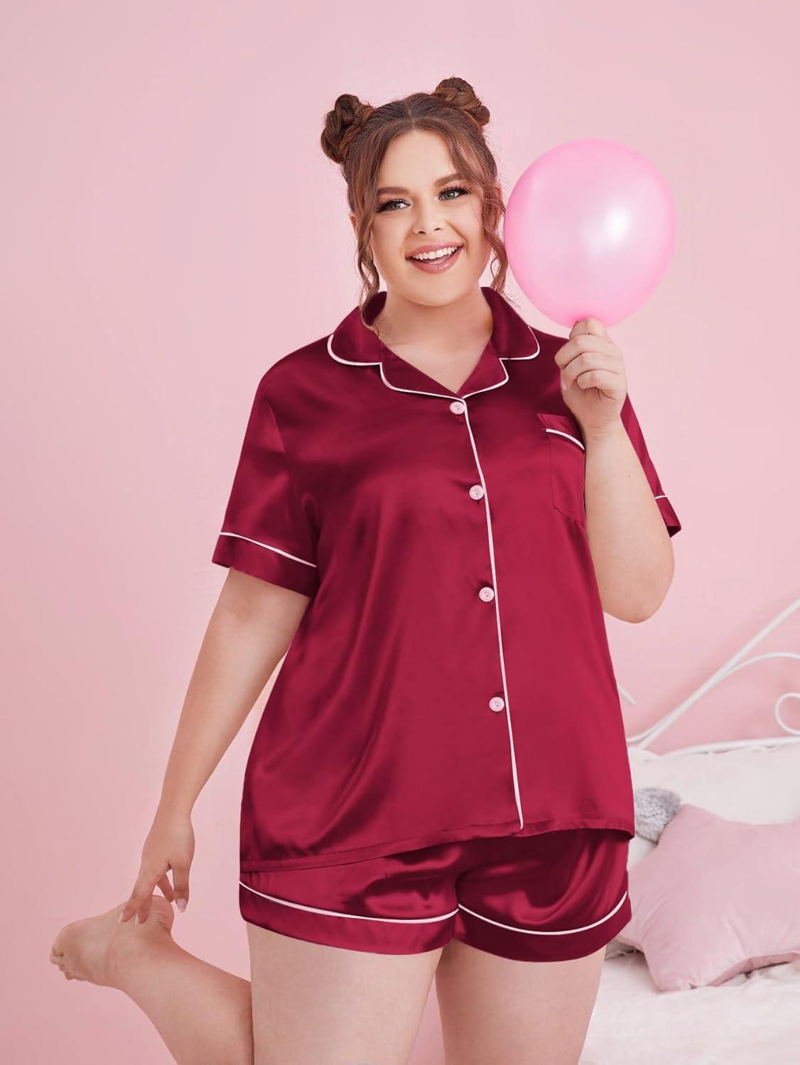 imageSWOMOG Womens Plus Size Pajama Set Silk Satin Pajamas Button Down Loungewear Short Sleeve Pjs 2 piece Sleepwear 1628WDeep Red