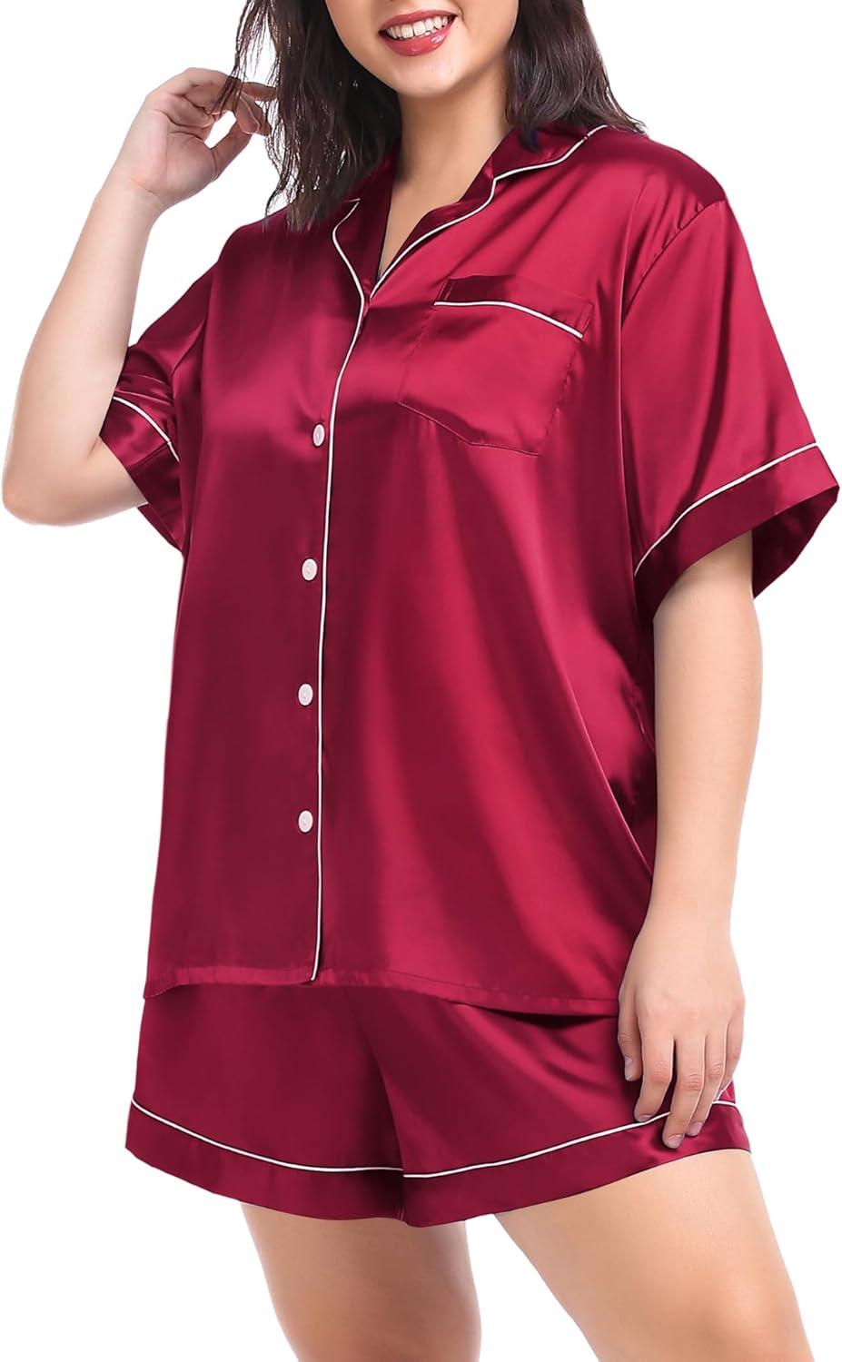 imageSWOMOG Womens Plus Size Pajama Set Silk Satin Pajamas Button Down Loungewear Short Sleeve Pjs 2 piece Sleepwear 1628WDeep Red