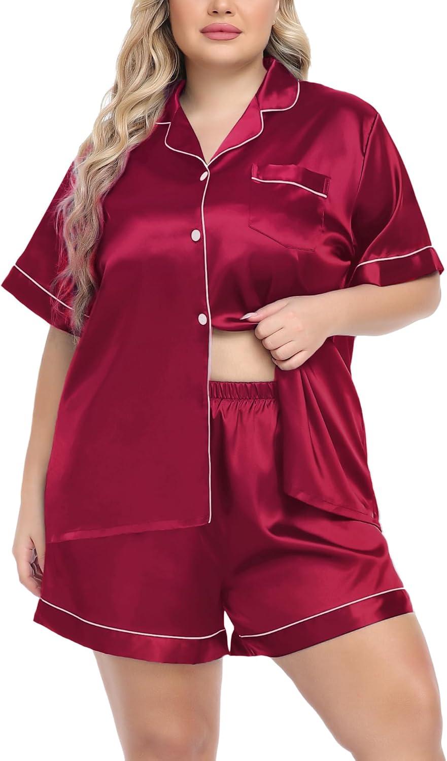 imageSWOMOG Womens Plus Size Pajama Set Silk Satin Pajamas Button Down Loungewear Short Sleeve Pjs 2 piece Sleepwear 1628WDeep Red