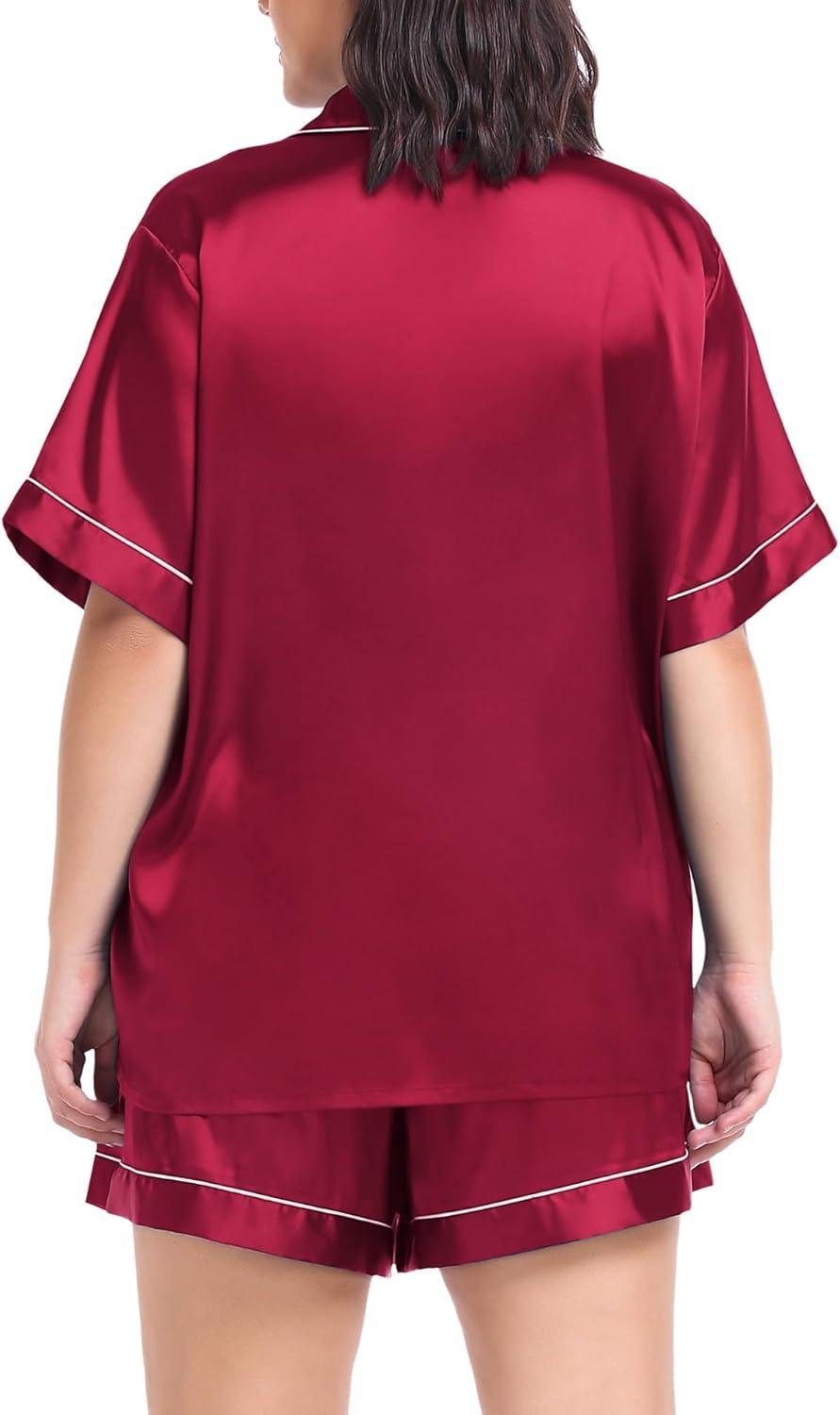imageSWOMOG Womens Plus Size Pajama Set Silk Satin Pajamas Button Down Loungewear Short Sleeve Pjs 2 piece Sleepwear 1628WDeep Red