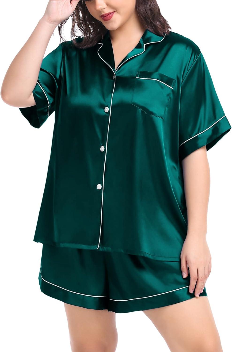 imageSWOMOG Womens Plus Size Pajama Set Silk Satin Pajamas Button Down Loungewear Short Sleeve Pjs 2 piece Sleepwear 1628WGreen