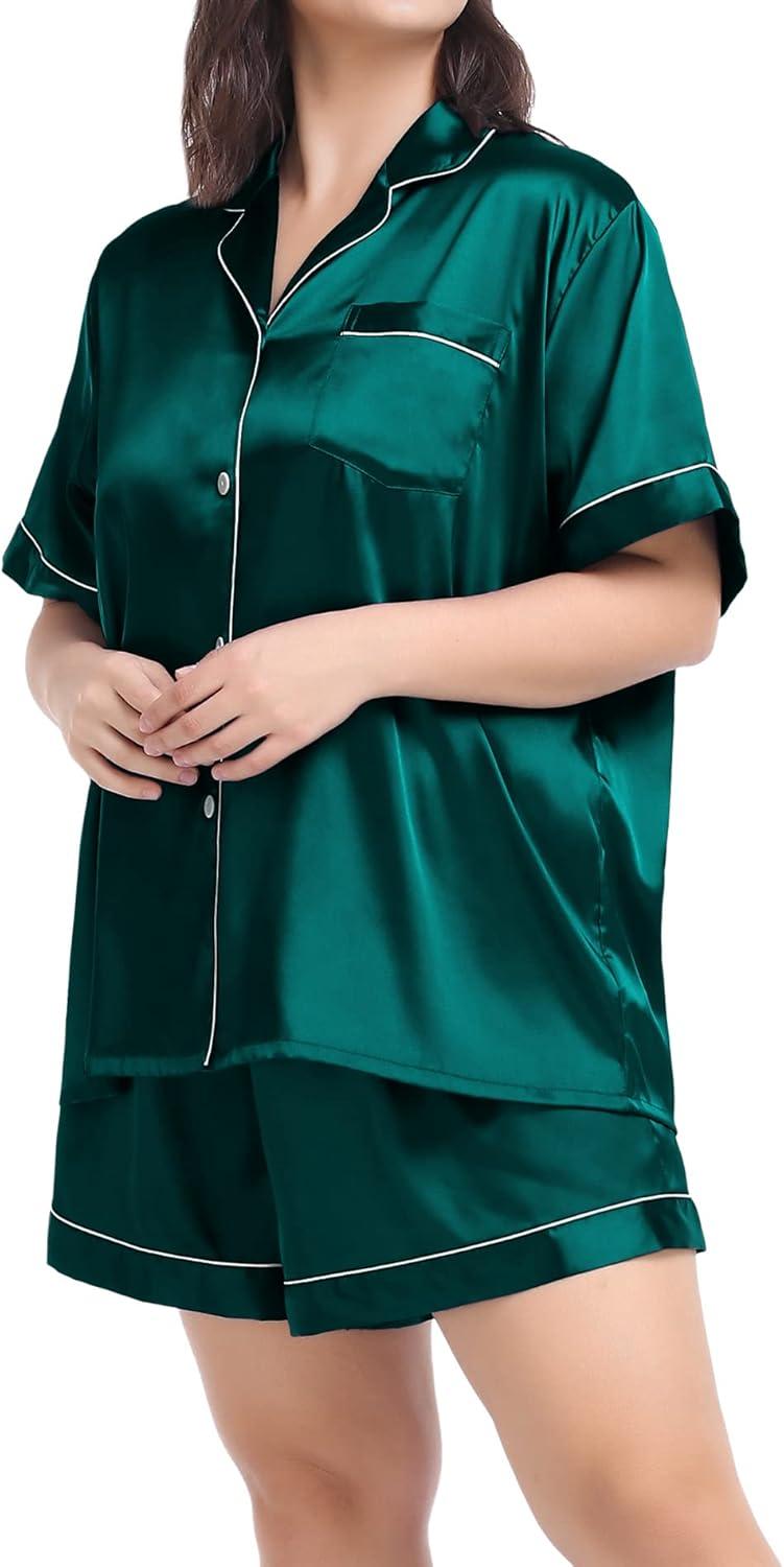 imageSWOMOG Womens Plus Size Pajama Set Silk Satin Pajamas Button Down Loungewear Short Sleeve Pjs 2 piece Sleepwear 1628WGreen