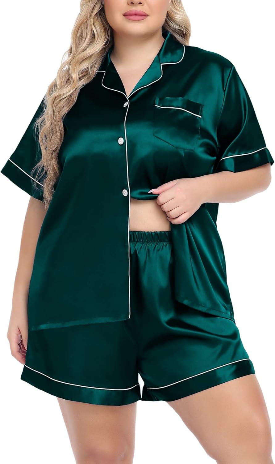 imageSWOMOG Womens Plus Size Pajama Set Silk Satin Pajamas Button Down Loungewear Short Sleeve Pjs 2 piece Sleepwear 1628WGreen