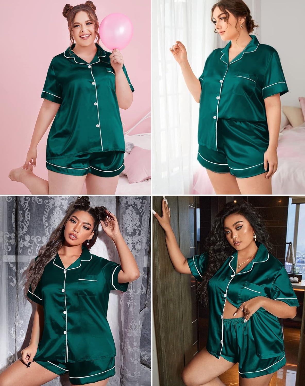imageSWOMOG Womens Plus Size Pajama Set Silk Satin Pajamas Button Down Loungewear Short Sleeve Pjs 2 piece Sleepwear 1628WGreen