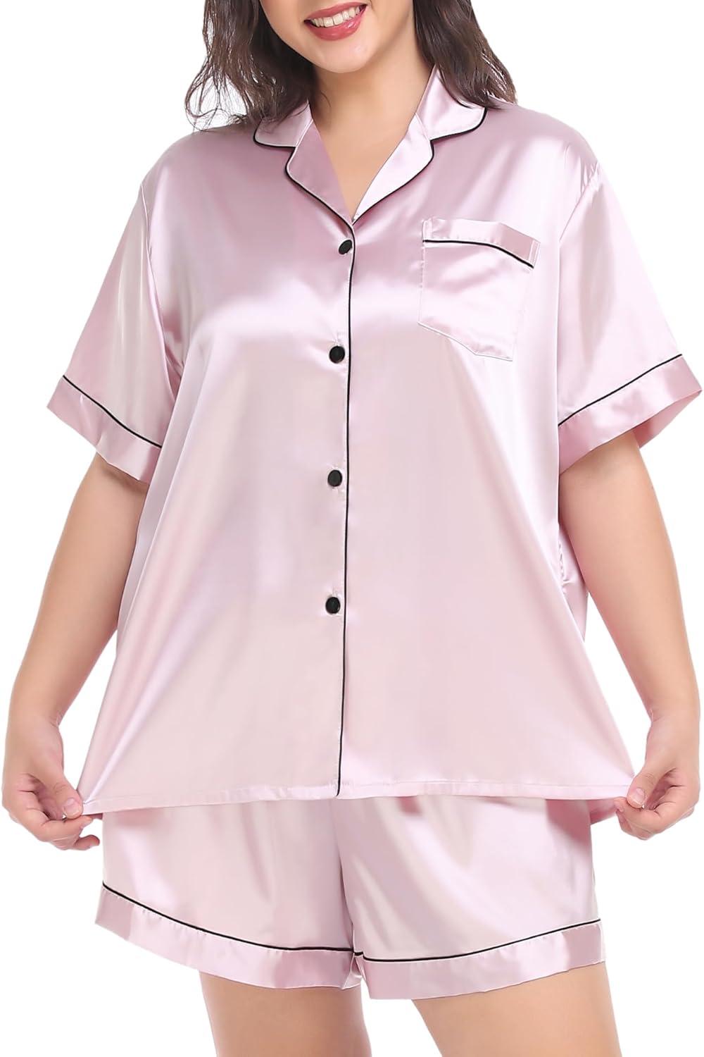 imageSWOMOG Womens Plus Size Pajama Set Silk Satin Pajamas Button Down Loungewear Short Sleeve Pjs 2 piece Sleepwear 1628WPink
