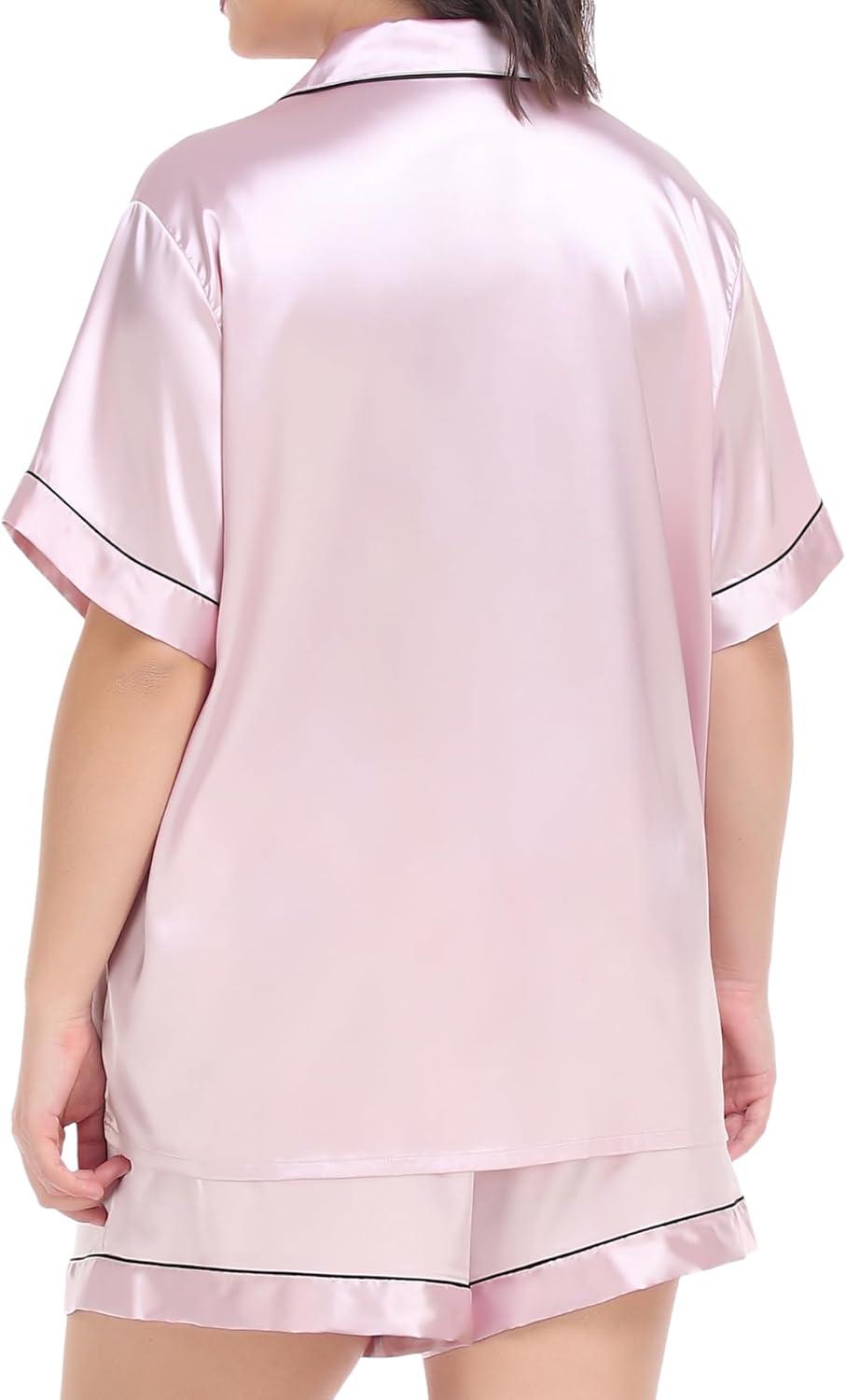 imageSWOMOG Womens Plus Size Pajama Set Silk Satin Pajamas Button Down Loungewear Short Sleeve Pjs 2 piece Sleepwear 1628WPink