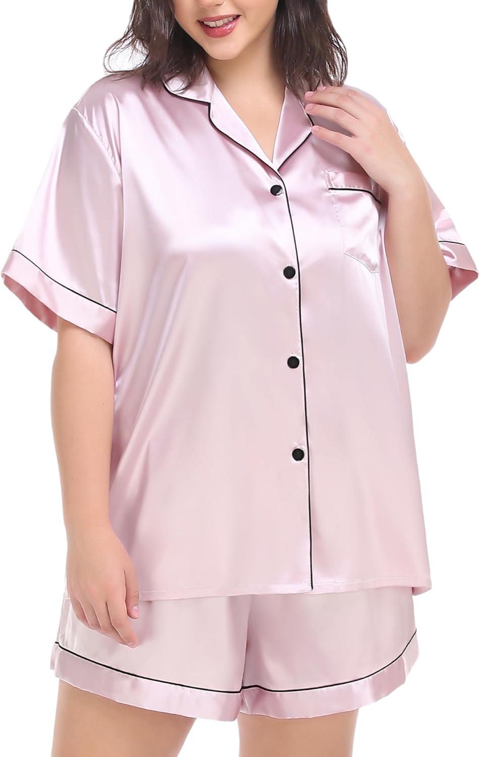 imageSWOMOG Womens Plus Size Pajama Set Silk Satin Pajamas Button Down Loungewear Short Sleeve Pjs 2 piece Sleepwear 1628WPink
