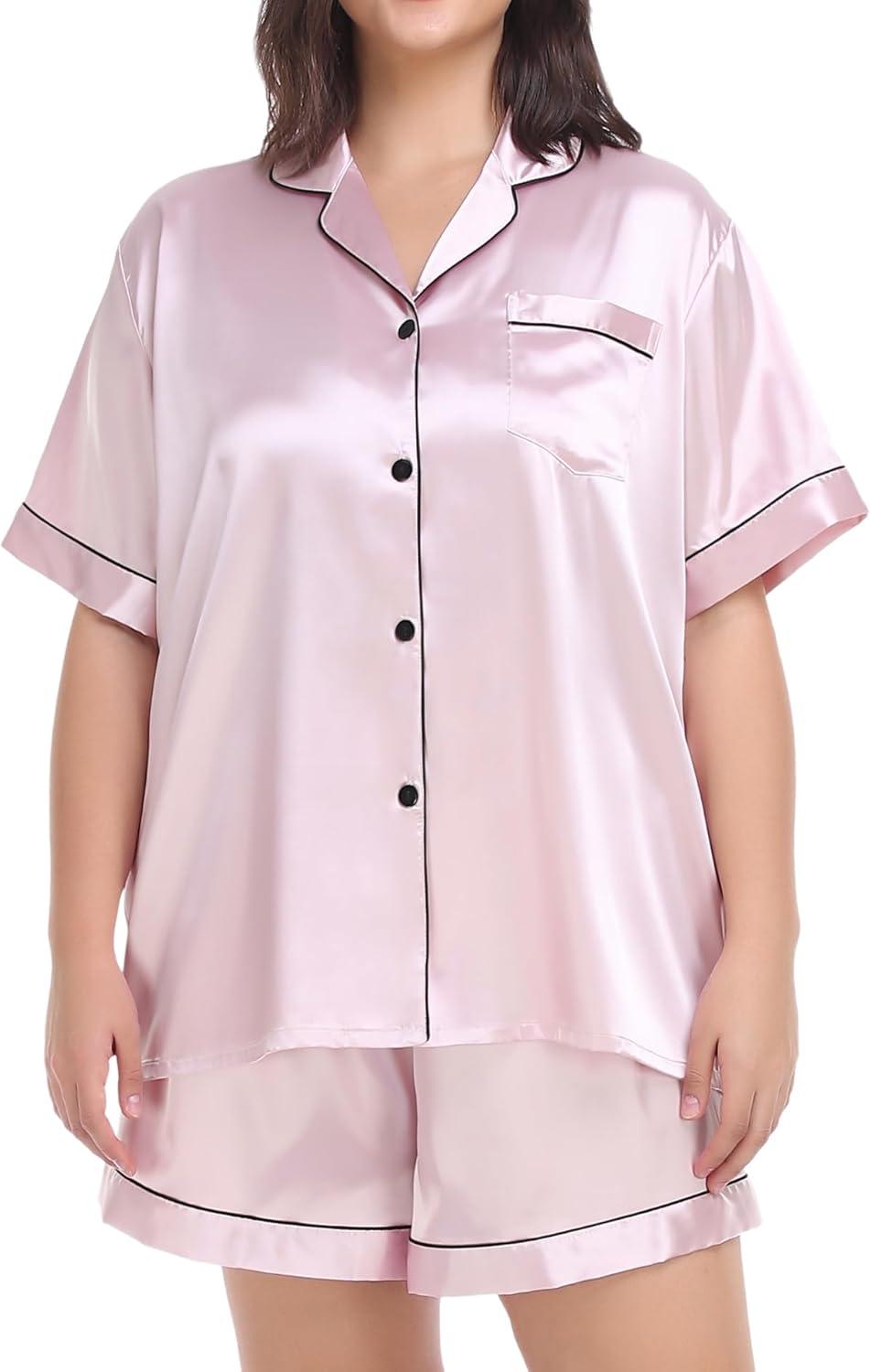 imageSWOMOG Womens Plus Size Pajama Set Silk Satin Pajamas Button Down Loungewear Short Sleeve Pjs 2 piece Sleepwear 1628WPink