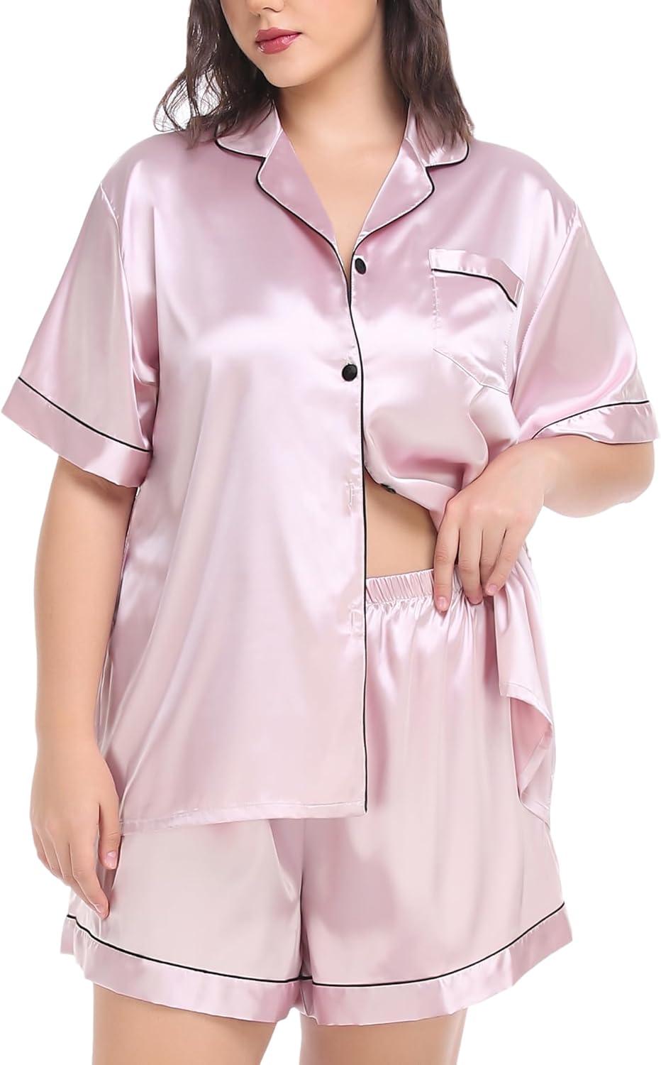 imageSWOMOG Womens Plus Size Pajama Set Silk Satin Pajamas Button Down Loungewear Short Sleeve Pjs 2 piece Sleepwear 1628WPink