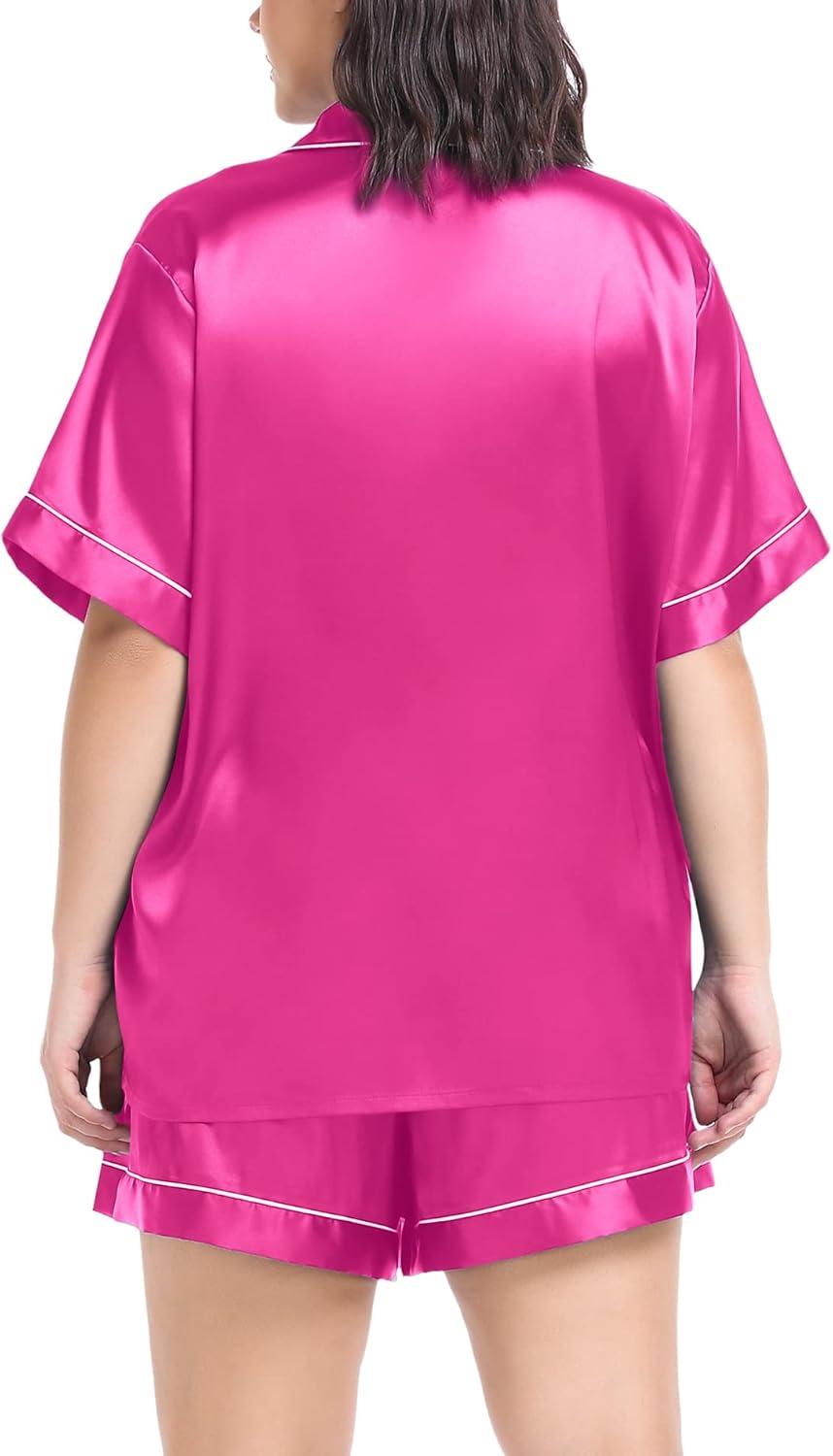 imageSWOMOG Womens Plus Size Pajama Set Silk Satin Pajamas Button Down Loungewear Short Sleeve Pjs 2 piece Sleepwear 1628WRose Red