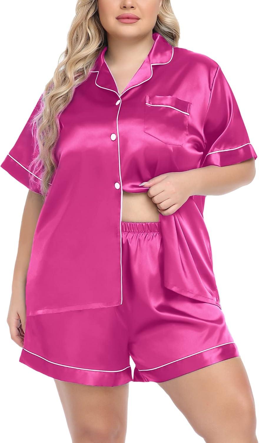 imageSWOMOG Womens Plus Size Pajama Set Silk Satin Pajamas Button Down Loungewear Short Sleeve Pjs 2 piece Sleepwear 1628WRose Red