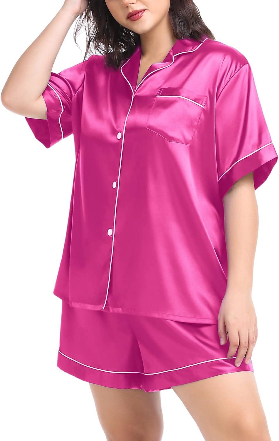 imageSWOMOG Womens Plus Size Pajama Set Silk Satin Pajamas Button Down Loungewear Short Sleeve Pjs 2 piece Sleepwear 1628WRose Red