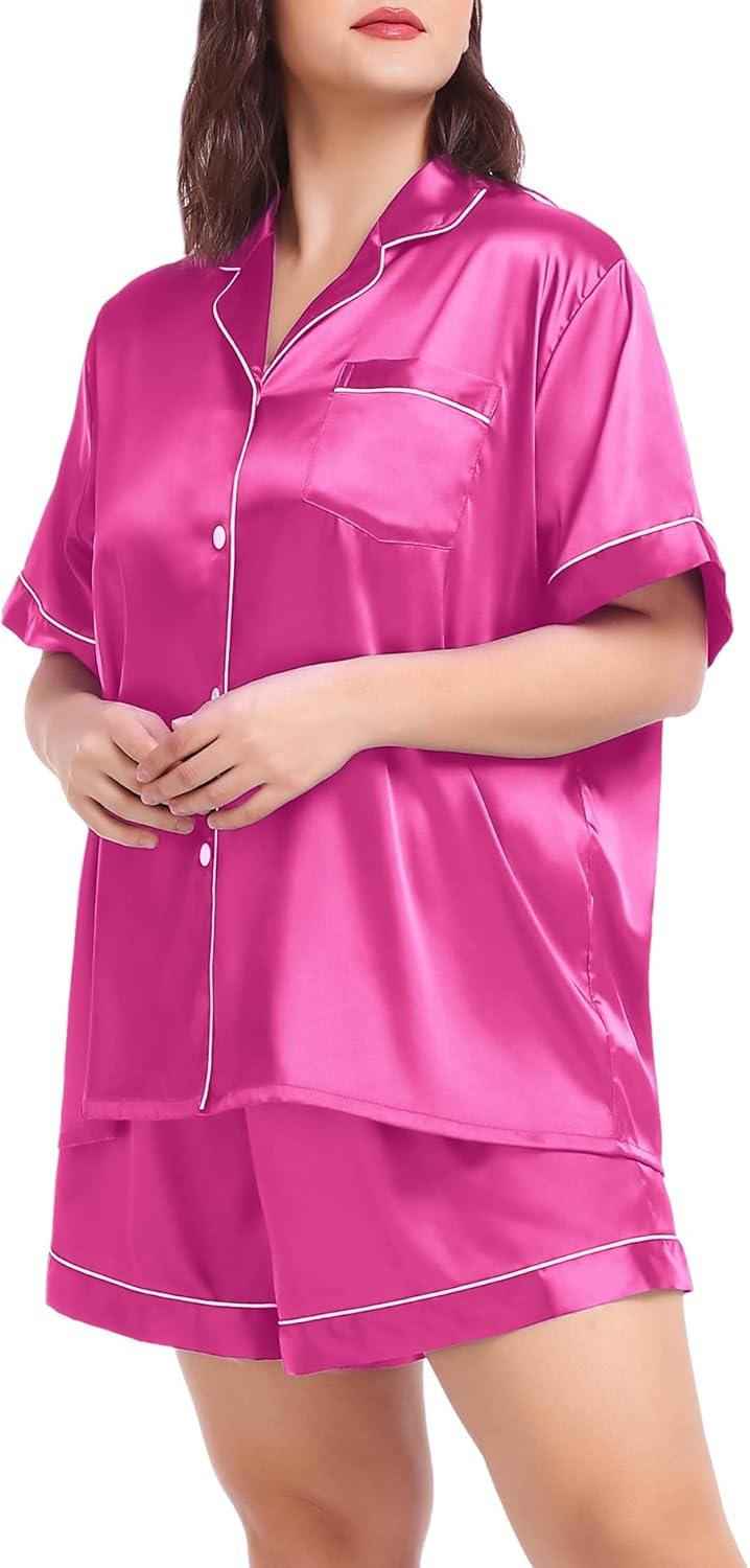 imageSWOMOG Womens Plus Size Pajama Set Silk Satin Pajamas Button Down Loungewear Short Sleeve Pjs 2 piece Sleepwear 1628WRose Red