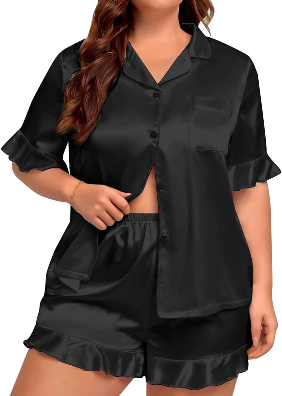 imageSWOMOG Womens Satin Plus Size Pajamas Silk Short Sleeve Pjs Sets Ruffle Shorts 2 Piece Loose Outfit Sleepwear with PocketBlack