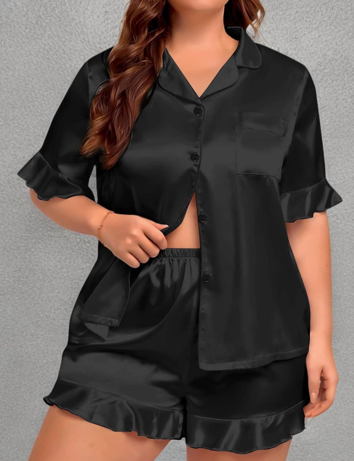 imageSWOMOG Womens Satin Plus Size Pajamas Silk Short Sleeve Pjs Sets Ruffle Shorts 2 Piece Loose Outfit Sleepwear with PocketBlack