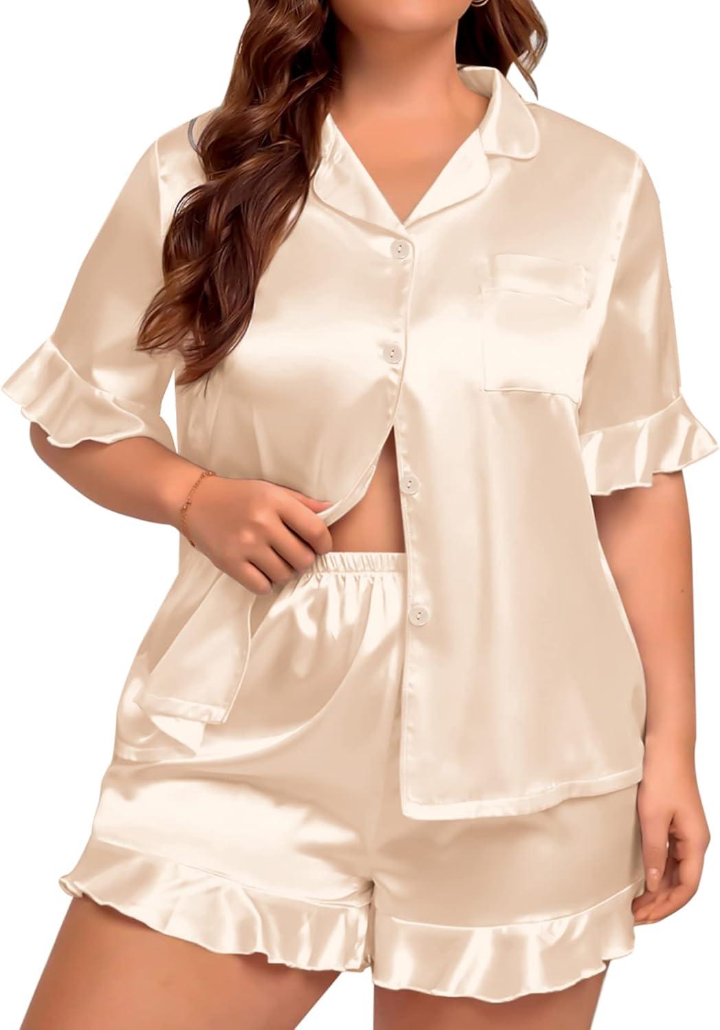 imageSWOMOG Womens Satin Plus Size Pajamas Silk Short Sleeve Pjs Sets Ruffle Shorts 2 Piece Loose Outfit Sleepwear with PocketChampagne