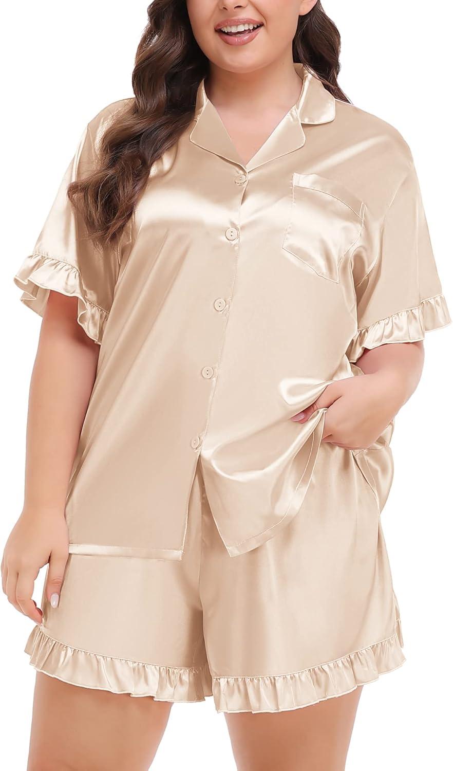 imageSWOMOG Womens Satin Plus Size Pajamas Silk Short Sleeve Pjs Sets Ruffle Shorts 2 Piece Loose Outfit Sleepwear with PocketChampagne