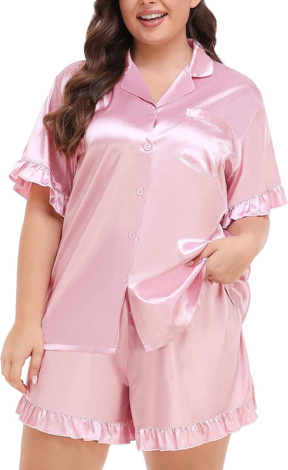 imageSWOMOG Womens Satin Plus Size Pajamas Silk Short Sleeve Pjs Sets Ruffle Shorts 2 Piece Loose Outfit Sleepwear with PocketPink