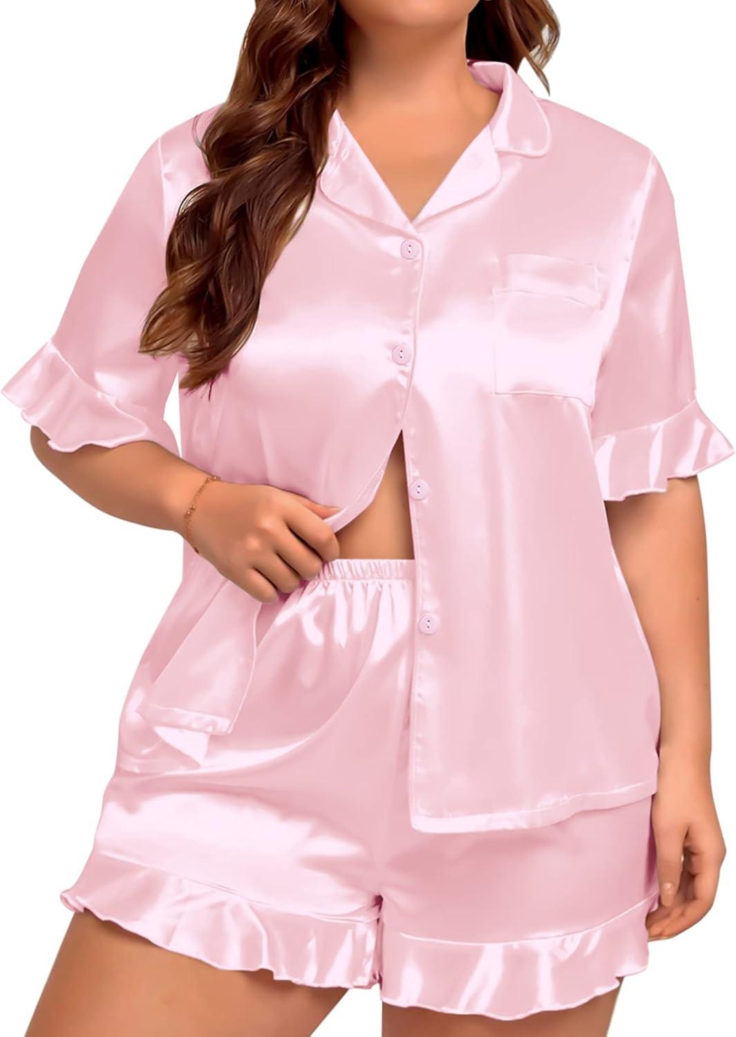 imageSWOMOG Womens Satin Plus Size Pajamas Silk Short Sleeve Pjs Sets Ruffle Shorts 2 Piece Loose Outfit Sleepwear with PocketPink