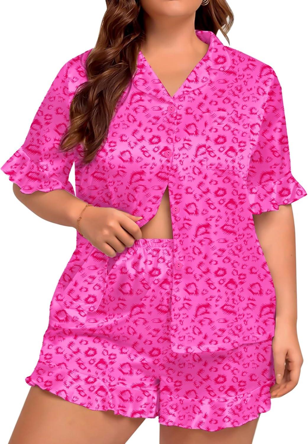 imageSWOMOG Womens Satin Plus Size Pajamas Silk Short Sleeve Pjs Sets Ruffle Shorts 2 Piece Loose Outfit Sleepwear with PocketPink Leopard