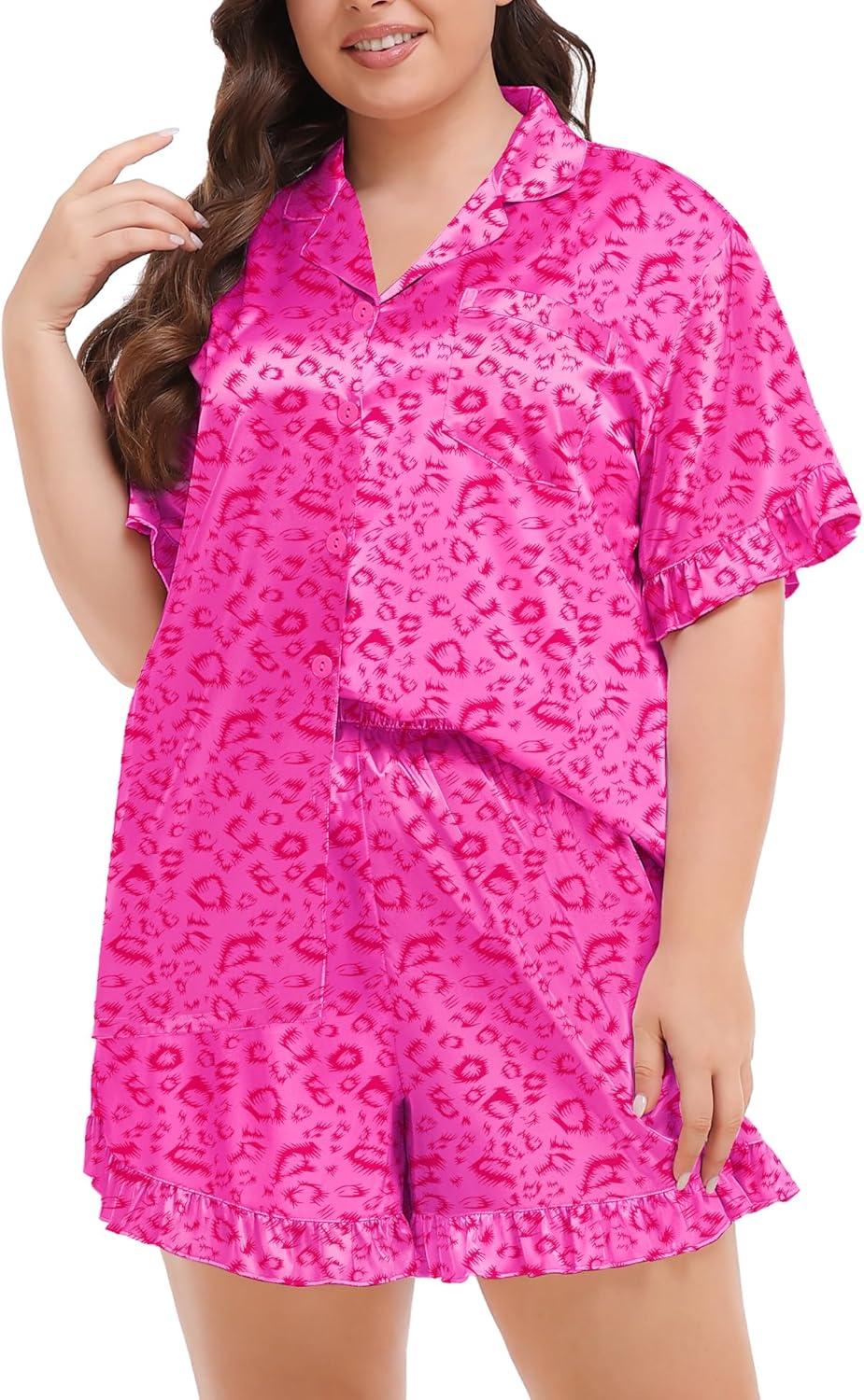 imageSWOMOG Womens Satin Plus Size Pajamas Silk Short Sleeve Pjs Sets Ruffle Shorts 2 Piece Loose Outfit Sleepwear with PocketPink Leopard