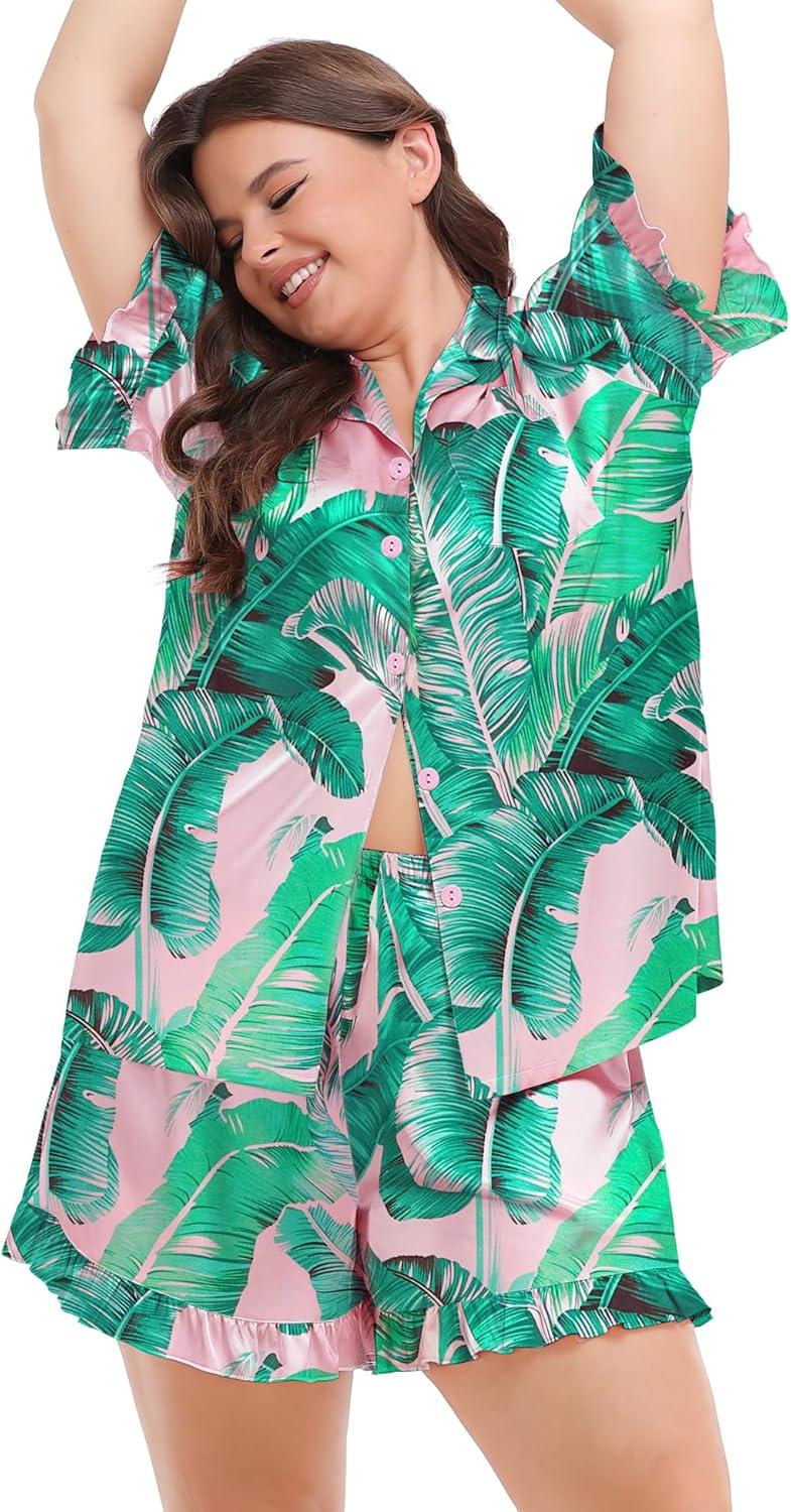 imageSWOMOG Womens Satin Plus Size Pajamas Silk Short Sleeve Pjs Sets Ruffle Shorts 2 Piece Loose Outfit Sleepwear with PocketPinkleaves