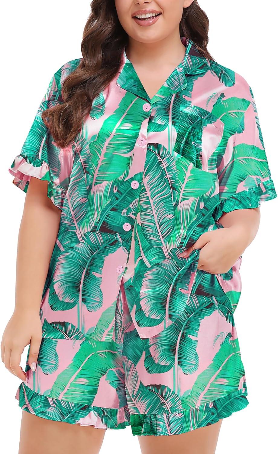 imageSWOMOG Womens Satin Plus Size Pajamas Silk Short Sleeve Pjs Sets Ruffle Shorts 2 Piece Loose Outfit Sleepwear with PocketPinkleaves