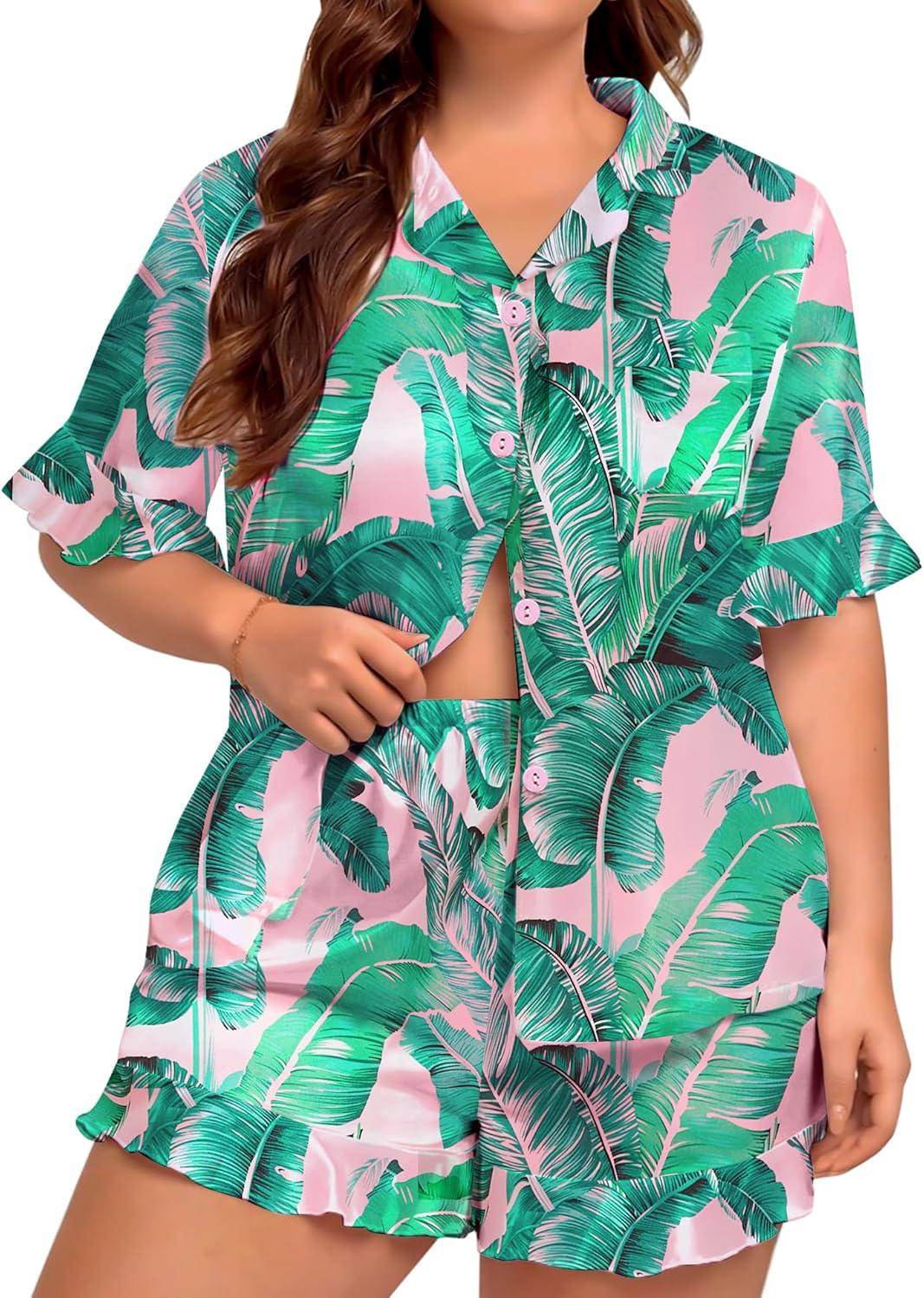 imageSWOMOG Womens Satin Plus Size Pajamas Silk Short Sleeve Pjs Sets Ruffle Shorts 2 Piece Loose Outfit Sleepwear with PocketPinkleaves