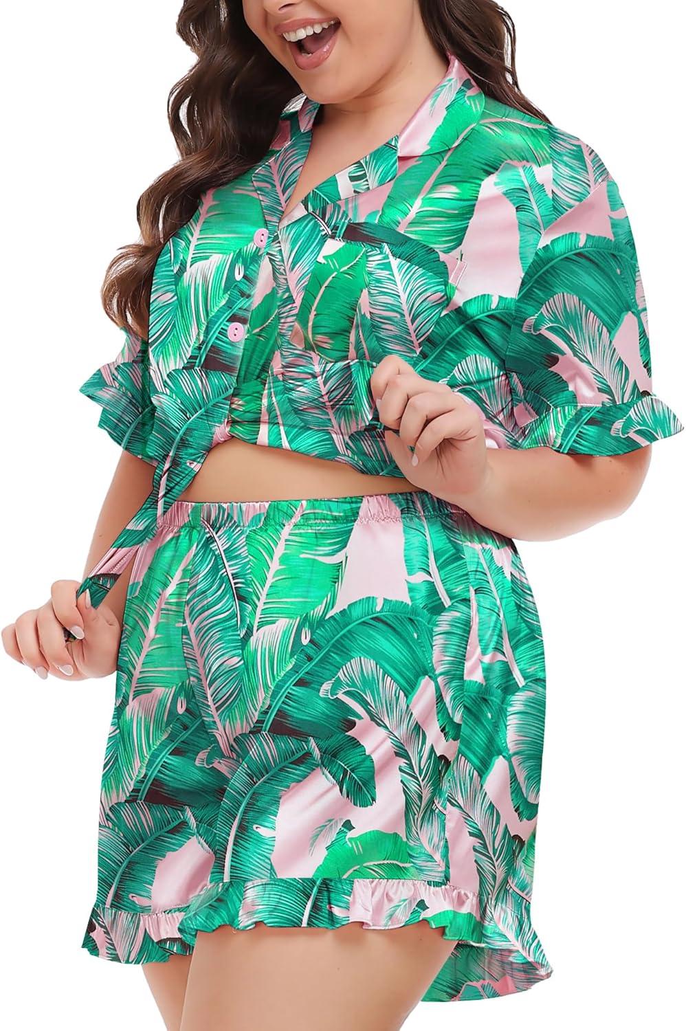 imageSWOMOG Womens Satin Plus Size Pajamas Silk Short Sleeve Pjs Sets Ruffle Shorts 2 Piece Loose Outfit Sleepwear with PocketPinkleaves