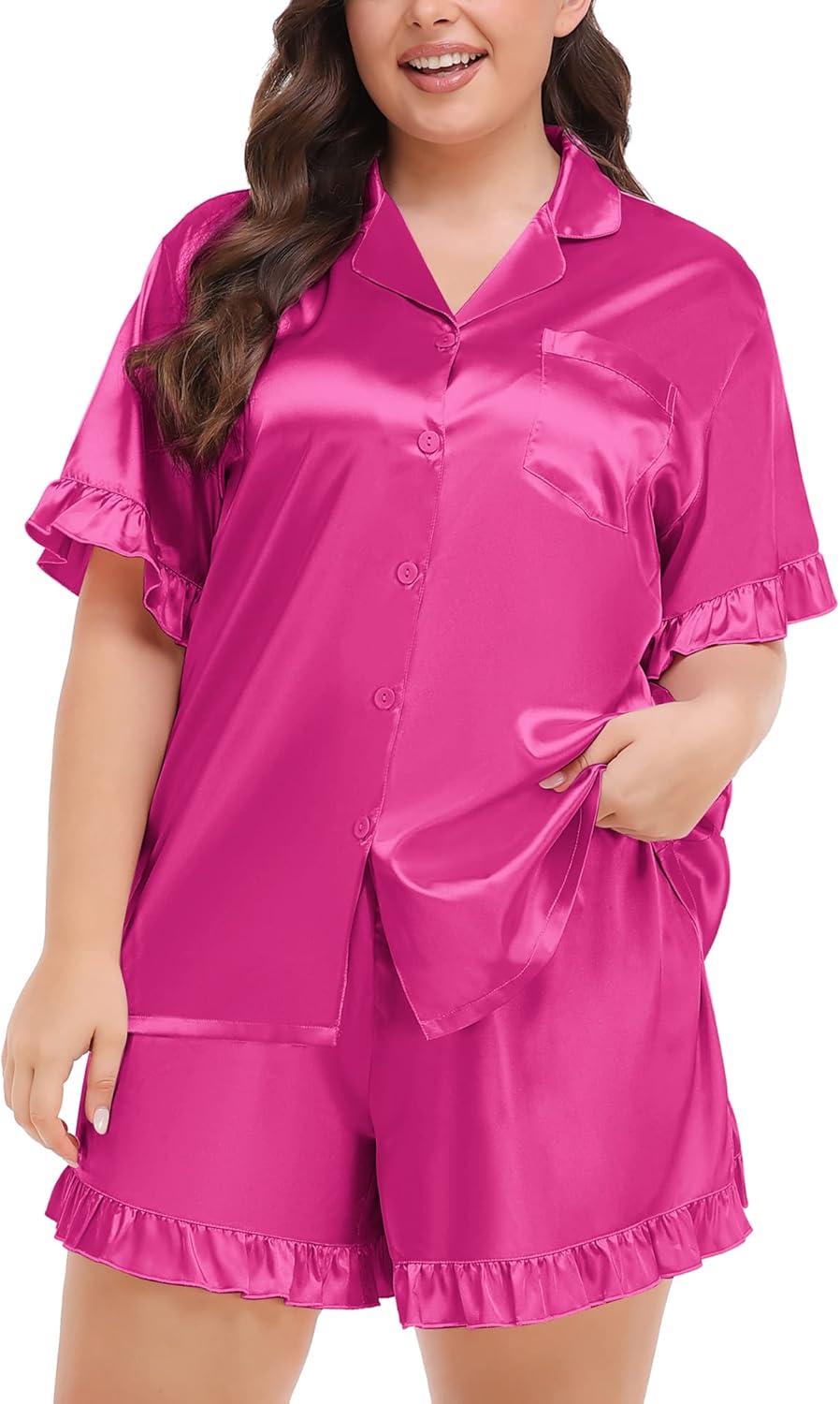 imageSWOMOG Womens Satin Plus Size Pajamas Silk Short Sleeve Pjs Sets Ruffle Shorts 2 Piece Loose Outfit Sleepwear with PocketRose Red