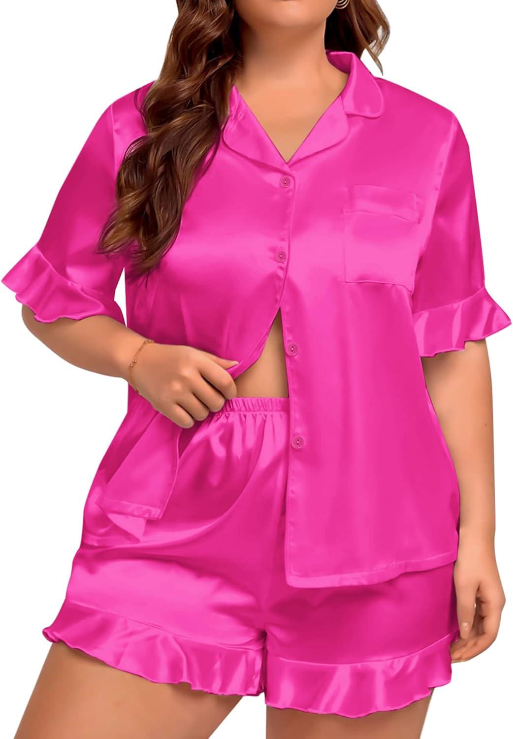 imageSWOMOG Womens Satin Plus Size Pajamas Silk Short Sleeve Pjs Sets Ruffle Shorts 2 Piece Loose Outfit Sleepwear with PocketRose Red