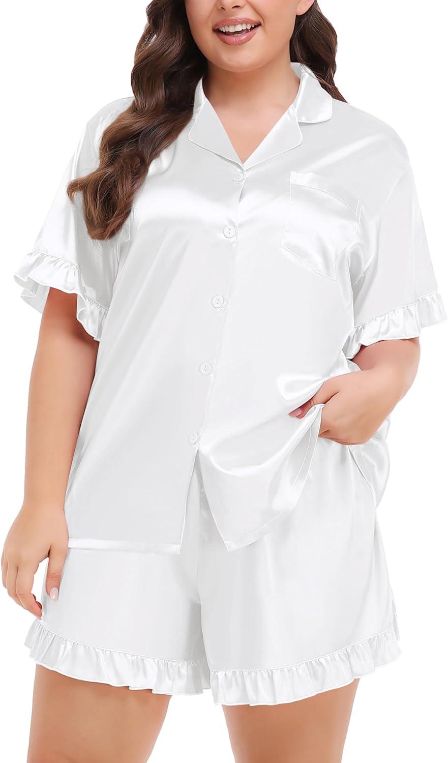 imageSWOMOG Womens Satin Plus Size Pajamas Silk Short Sleeve Pjs Sets Ruffle Shorts 2 Piece Loose Outfit Sleepwear with PocketWhite