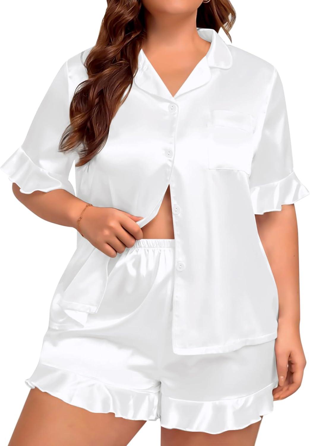 imageSWOMOG Womens Satin Plus Size Pajamas Silk Short Sleeve Pjs Sets Ruffle Shorts 2 Piece Loose Outfit Sleepwear with PocketWhite