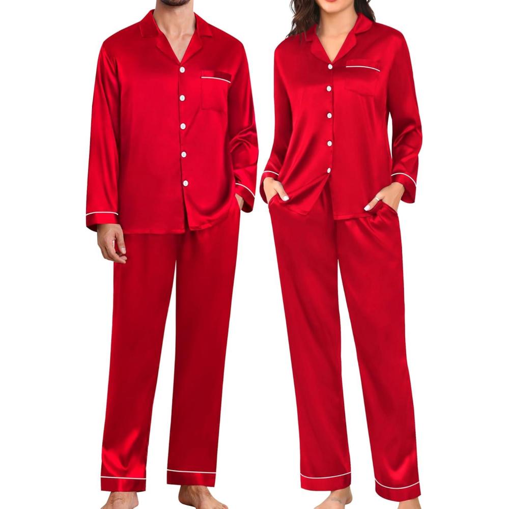imageSWOMOG Couples Pajamas Womens ampMens Matching Pajamas Set Silk Satin Pj Set Long Sleeve Button Down Sleepwear 2 Pcs LoungewearBright Red