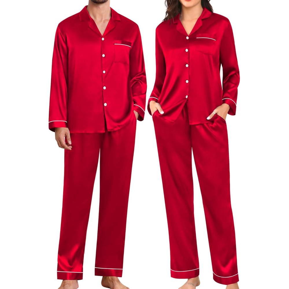 imageSWOMOG Couples Pajamas Womens ampMens Matching Pajamas Set Silk Satin Pj Set Long Sleeve Button Down Sleepwear 2 Pcs LoungewearDark Red