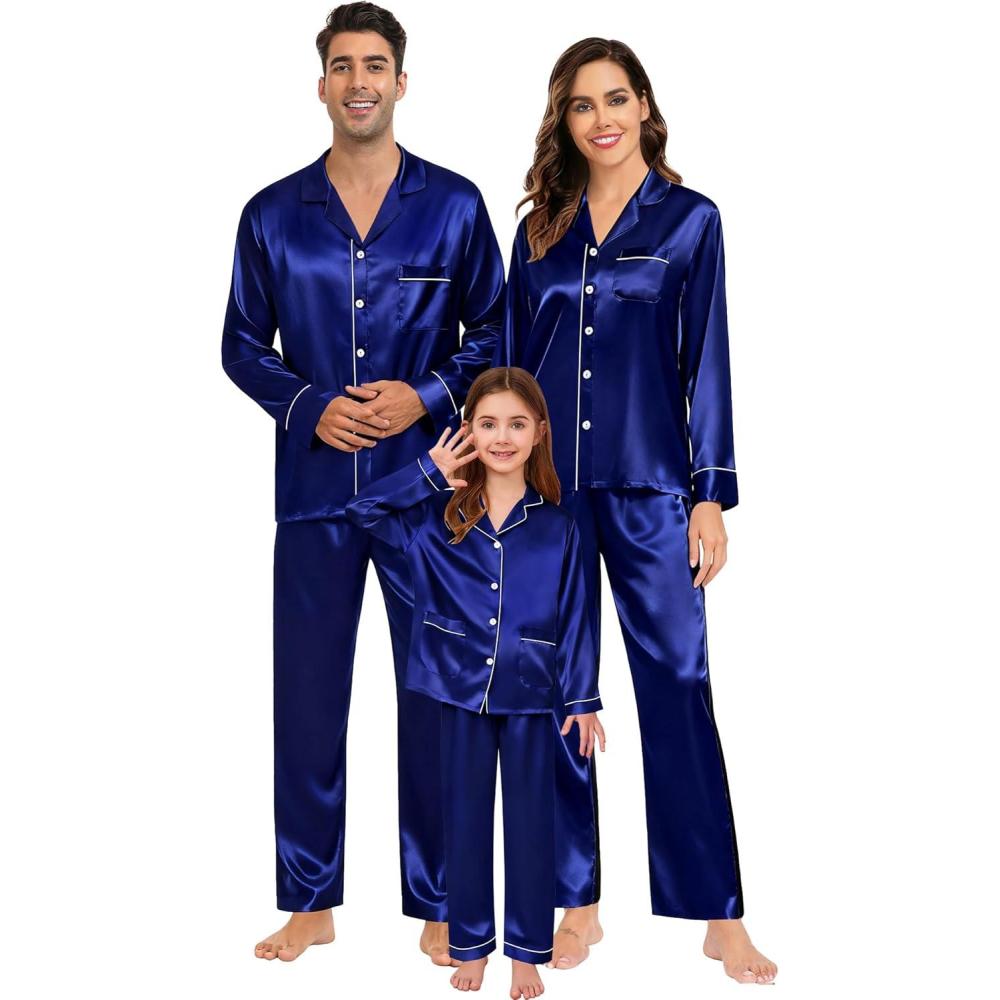 imageSWOMOG Couples Satin Pajamas Set Womens Matching Silk Long Sleeve Sleepwear 2 Piece Button Down Pjs Set Lounge Set Deep Navy Blue