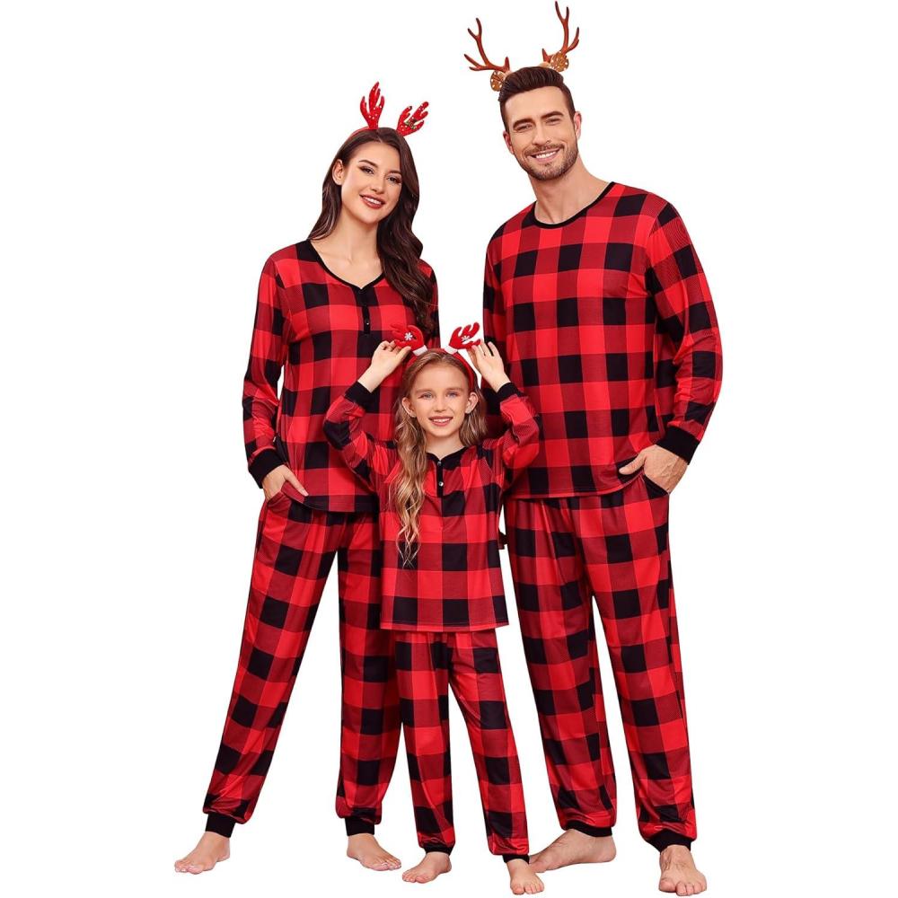 imageSWOMOG Familiy Pajamas Set for Christmas Matching Pj Sets Womens Mens Kids Soft Pjs Long Sleeve Sleepwear Lounge Sets Outfits Red Black Grid
