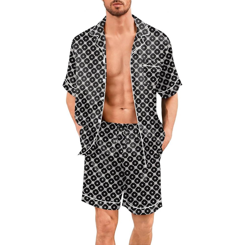 imageSWOMOG Men Silk Pajama Set Short Sleeve Satin PJs Sets 2 Piece Button Down Sleepwear Soft Summer Loungewear with PocketsBlack Floral