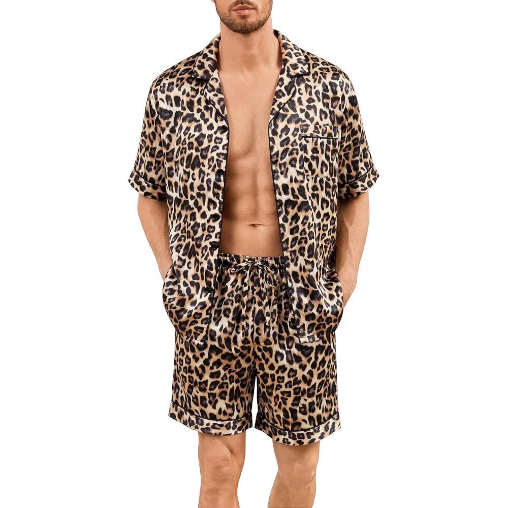 imageSWOMOG Men Silk Pajama Set Short Sleeve Satin PJs Sets 2 Piece Button Down Sleepwear Soft Summer Loungewear with PocketsLeopard