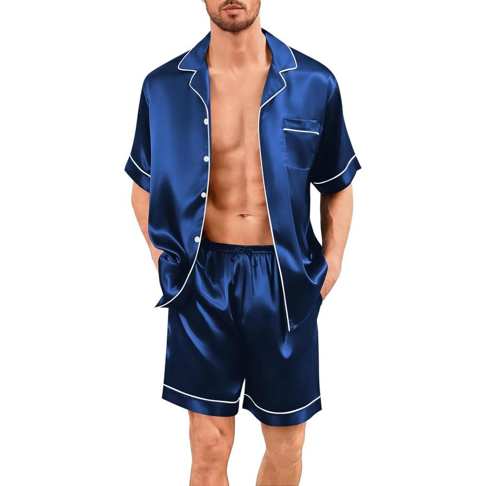 imageSWOMOG Men Silk Pajama Set Short Sleeve Satin PJs Sets 2 Piece Button Down Sleepwear Soft Summer Loungewear with PocketsNavy Blue