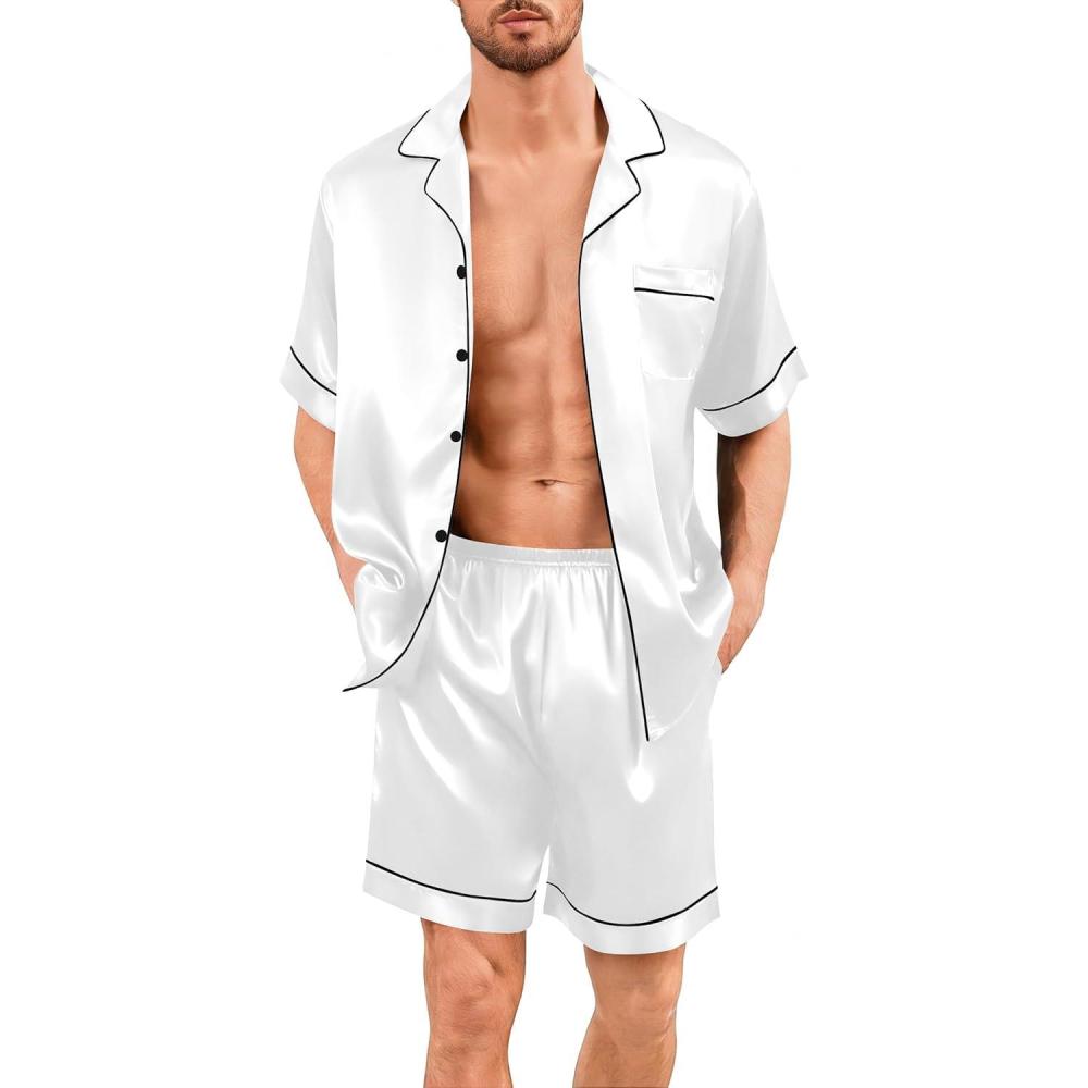 imageSWOMOG Men Silk Pajama Set Short Sleeve Satin PJs Sets 2 Piece Button Down Sleepwear Soft Summer Loungewear with PocketsWhite