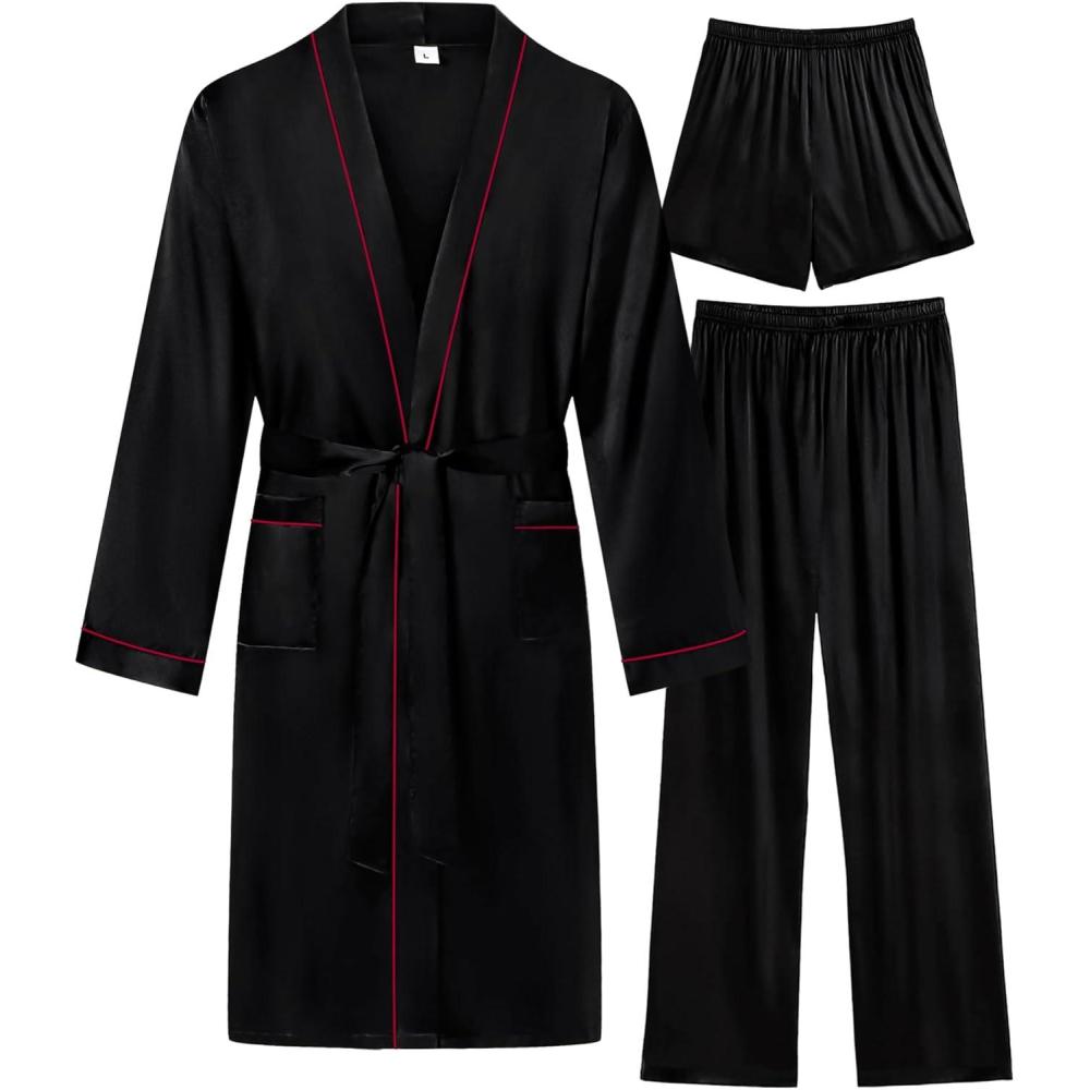 imageSWOMOG Mens 3 PCS Satin Robe with Pants amp Shorts Set Kimono Bathrobe Long Sleeve Sleepwear Pjs Sets with PocketsBlack Red Trimming